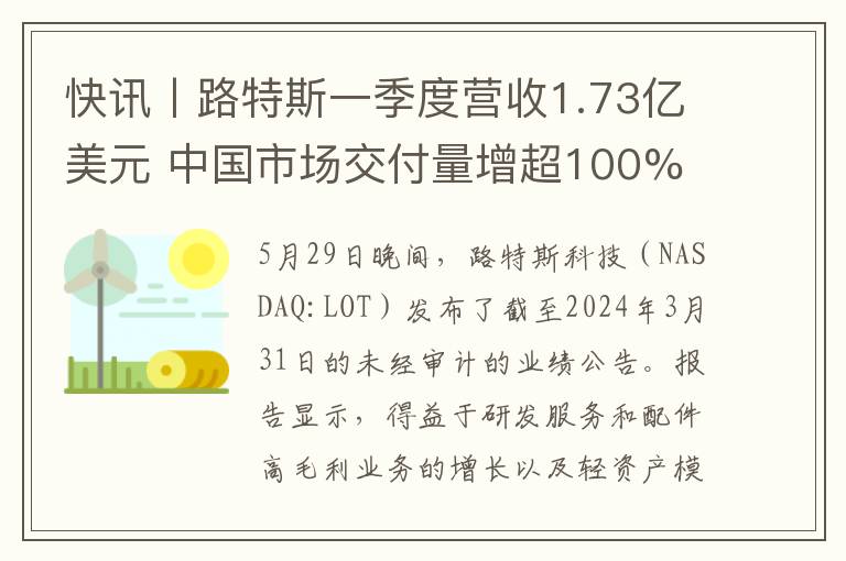 快讯丨路特斯一季度营收1.73亿美元 中国市场交付量增超100%