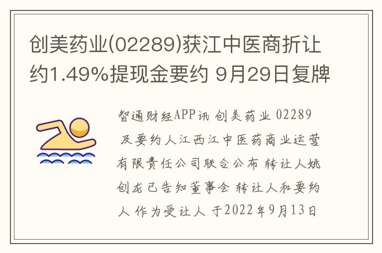创美药业(02289)获江中医商折让约1