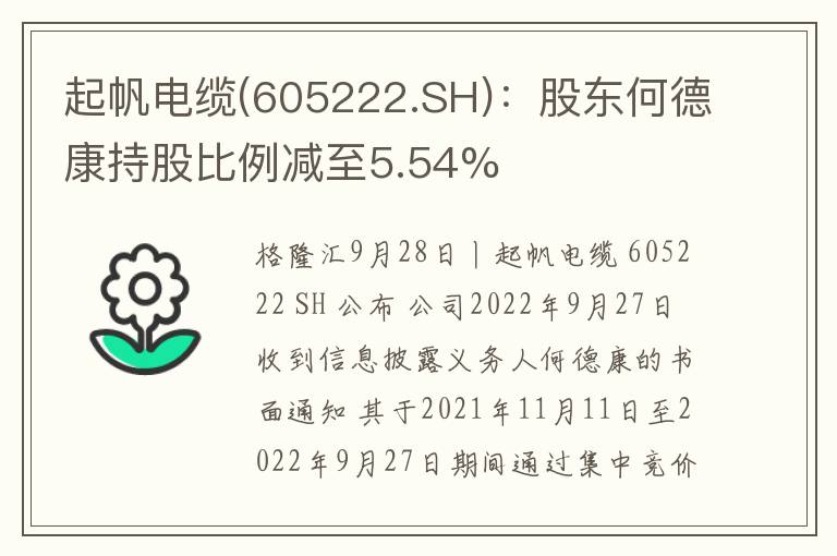 起帆电缆(605222.SH)：股东何德康持股比例减至5.54%