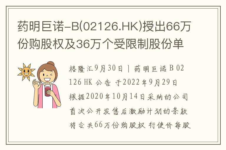 药明巨诺-B(02126.HK)授出66万份购