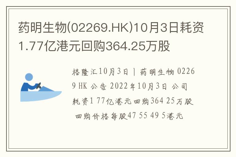 药明生物(02269.HK)10月3日耗资1.7