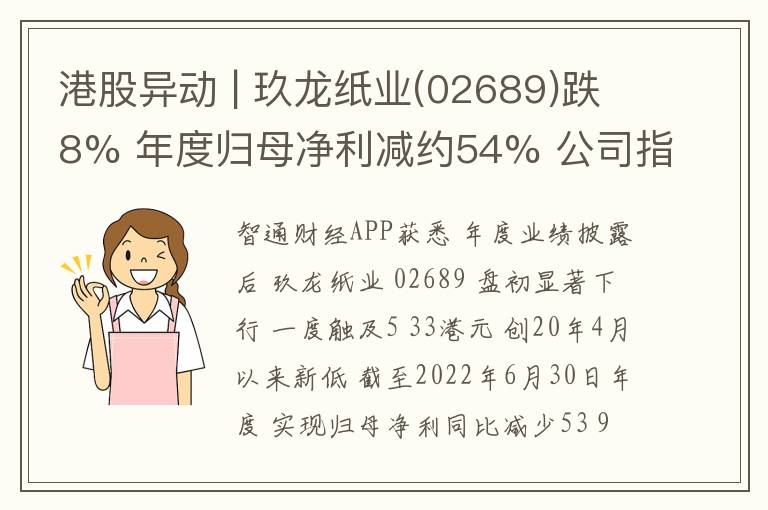 港股异动 | 玖龙纸业(02689)跌8% 
