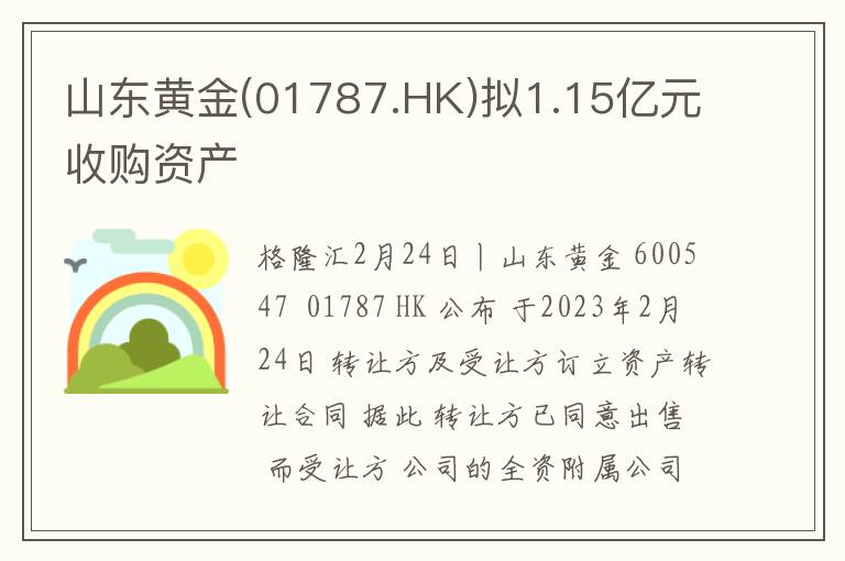 山东黄金(01787.HK)拟1.15亿元收购资产