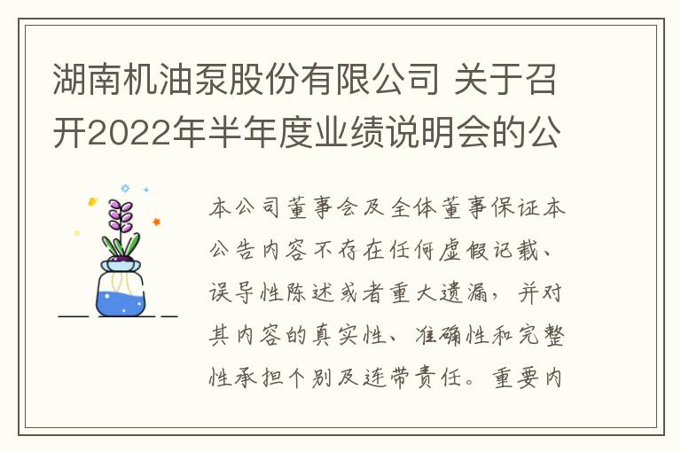 湖南机油泵股份有限公司 关于召开2022年半年度业绩说明会的公告