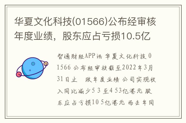华夏文化科技(01566)公布经审核年度业绩，股东应占亏损10.5亿港元 同比盈转亏