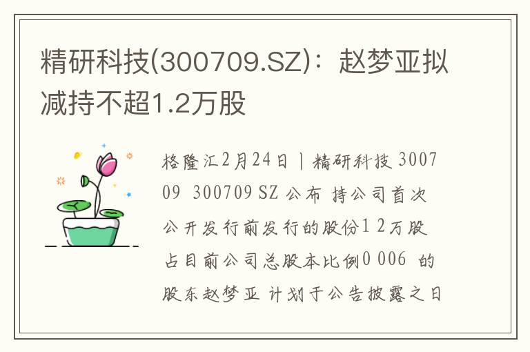 精研科技(300709.SZ)：赵梦亚拟减持不超1.2万股