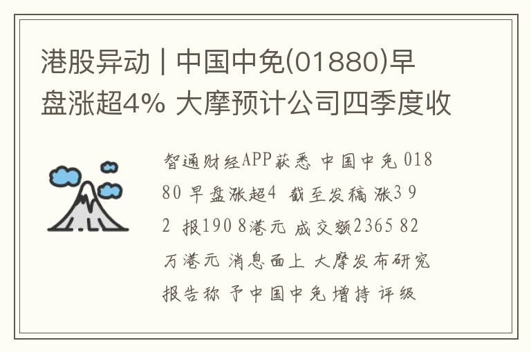 港股异动 | 中国中免(01880)早盘涨超4% 大摩预计公司四季度收入恢复增长约20%