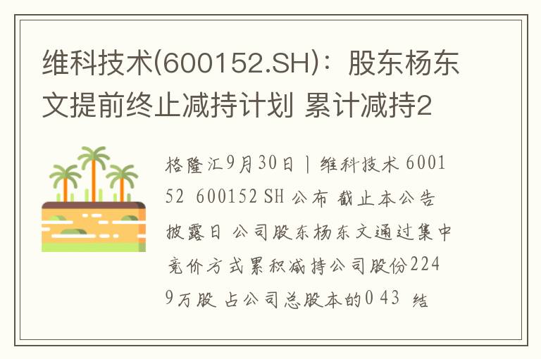 维科技术(600152.SH)：股东杨东文提