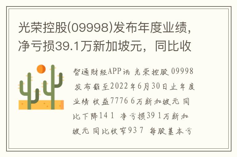 光荣控股(09998)发布年度业绩，净亏损39.1万新加坡元，同比收窄93.7%