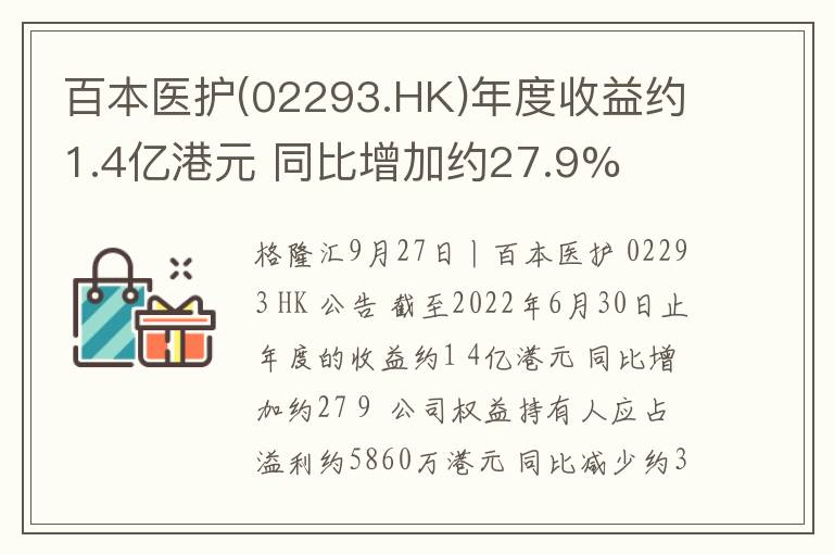 百本医护(02293.HK)年度收益约1.4