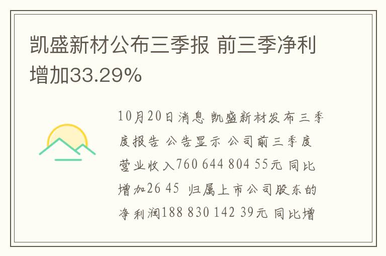 凯盛新材公布三季报 前三季净利增加33.29%