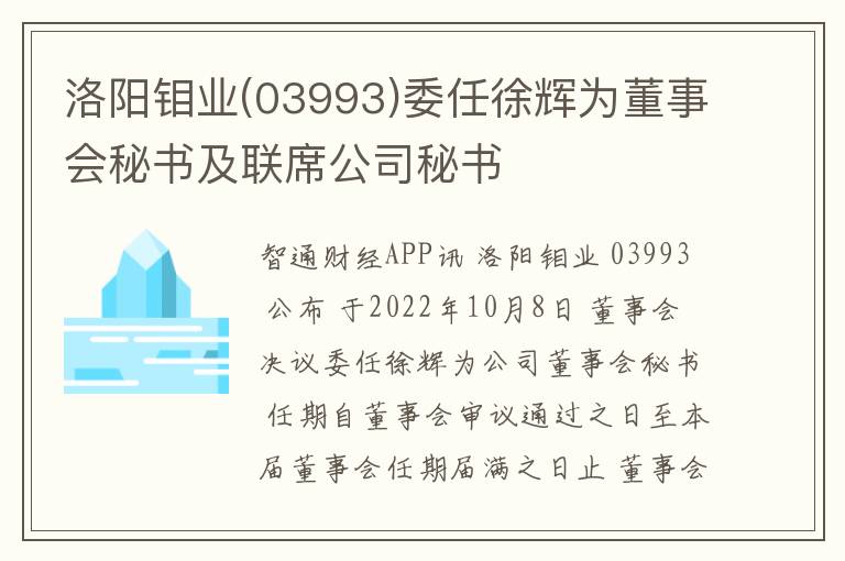 洛阳钼业(03993)委任徐辉为董事会秘书及联席公司秘书